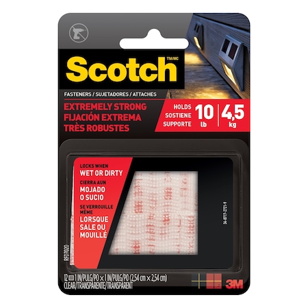 Scotch Reclosable Fastener Shape, Square, Acrylic Adhesive, 1 in, 1 in W, Clear, 24 PK RFD7020